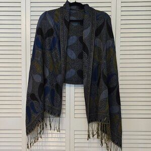 Pashmina Style Shawl/Wrap - Blue/Gold/Black Paisley -OS
